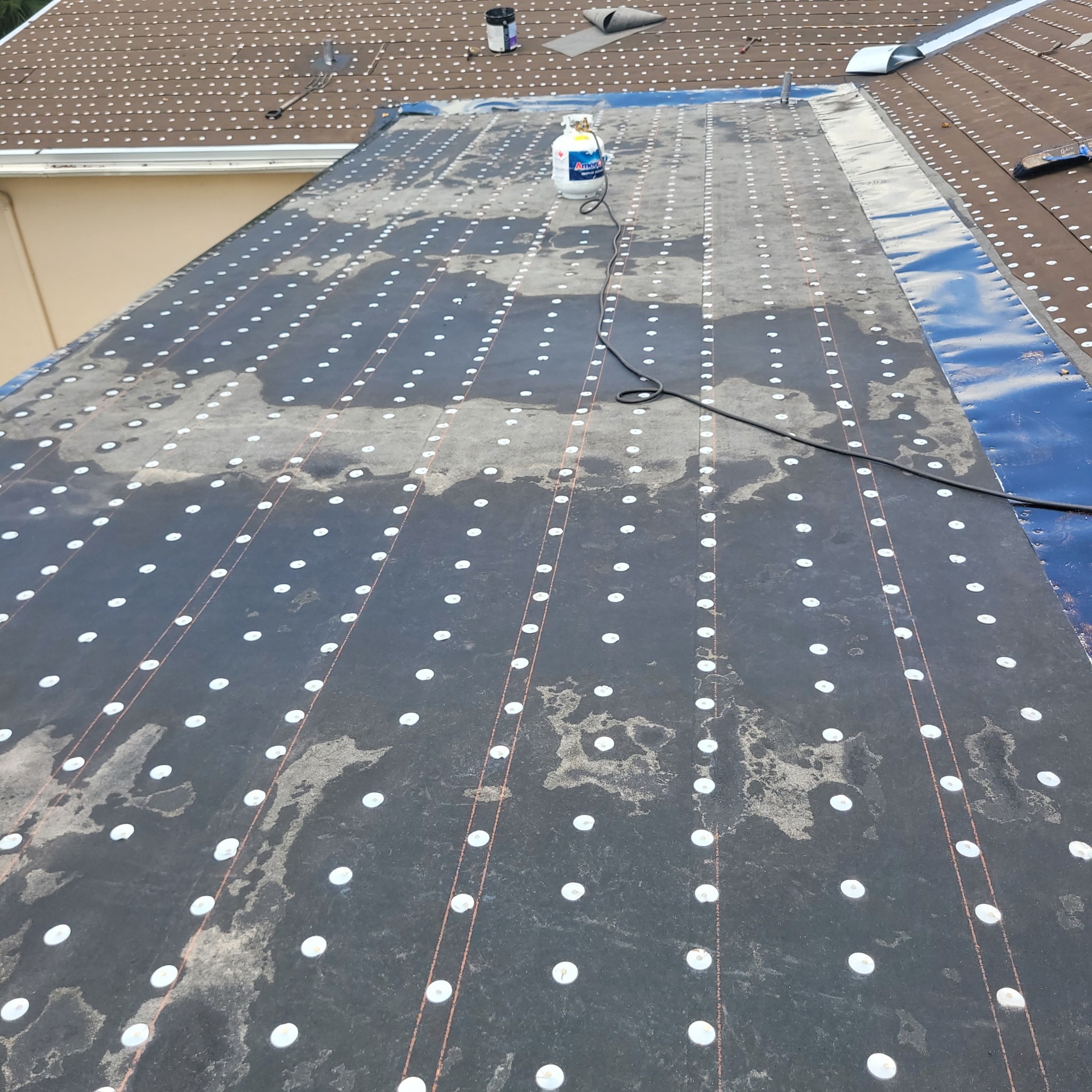 Flat commercial roof deck with underlayment and cap nails installed by Shield Proof Roofing